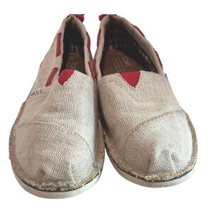 TOMS Bimini Beige Burlap Red Cord Boat Shoe Slip On Loafers Women's‎ 7.5